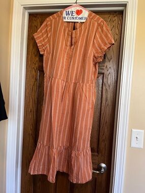 Pact Rust Orange Striped Casual Midi Dress